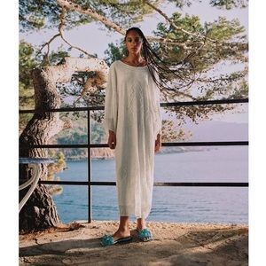 Zara Embroidered Beaded Tunic Dress White Ecru NWT